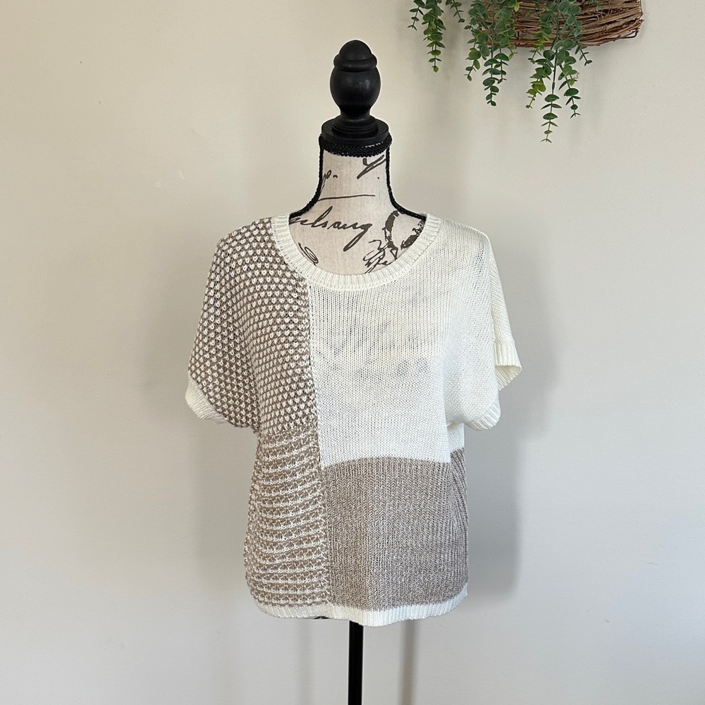 Blu Pepper Patchwork Knit Top - White and Brown